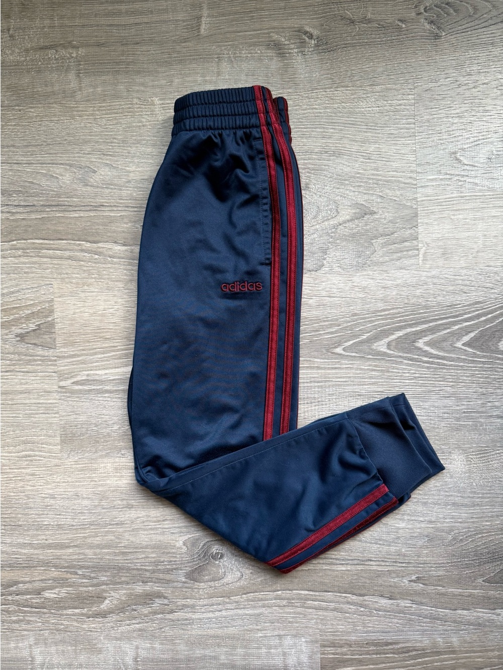 adidas Boy’s M(8) Navy Joggers Sweatpants with Maroon Side Stripes